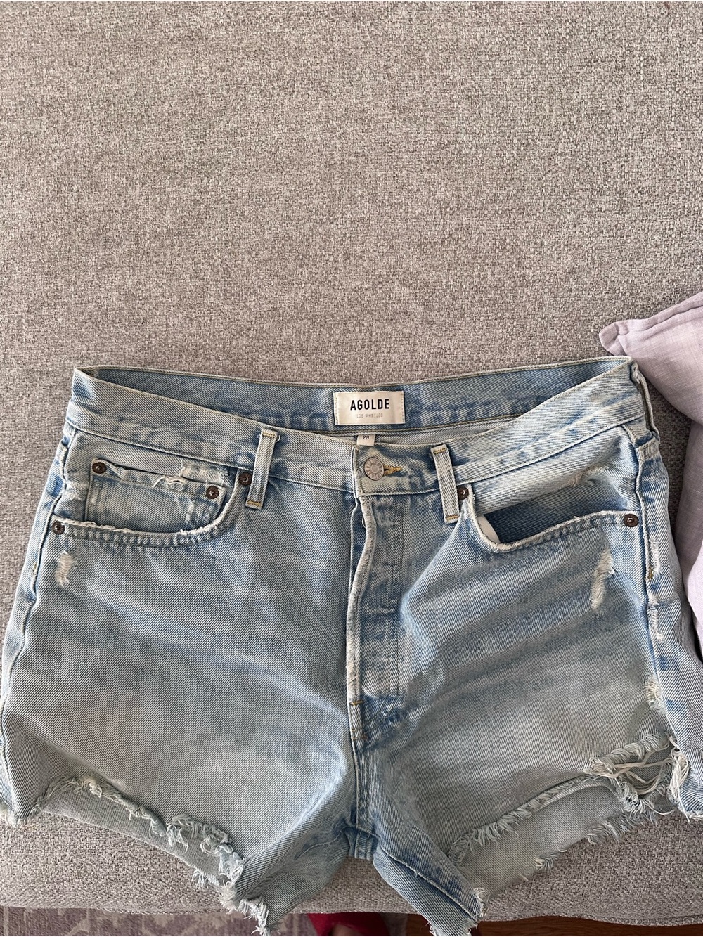 Agolde Light Blue Frayed Denim Cutoff Shorts